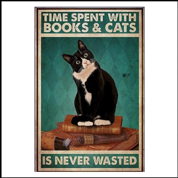 Books And Cats Vintage Style Tin Sign Wall Decor Tuxedo Kitty